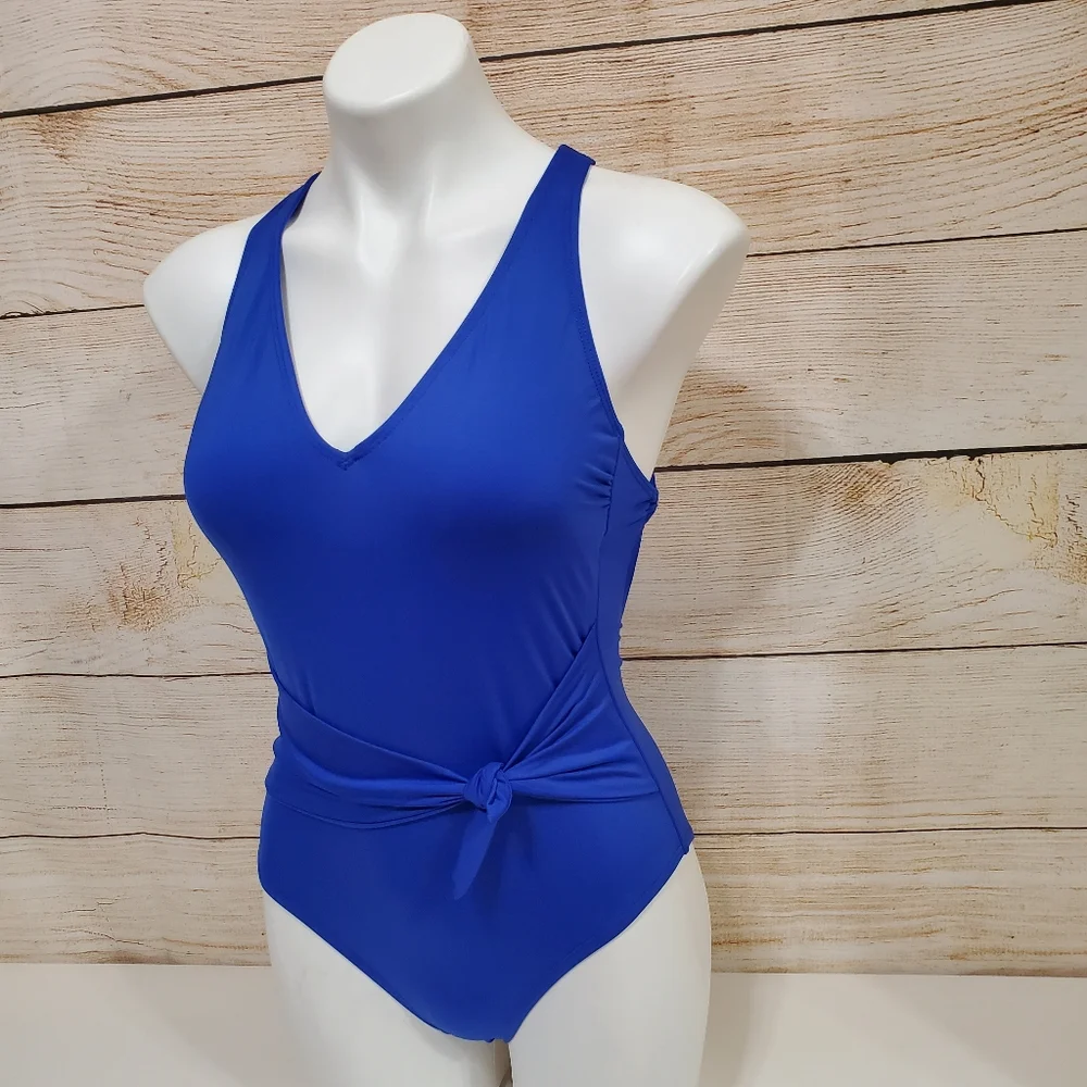 NWOT Becca Blue  Front Tie Slimming One Piece Swimsuit Small